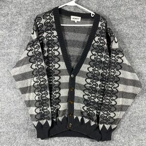Vintage Mondo Sweater Mens Large Black Cardigan 3D Abstract Italian Retro 80s